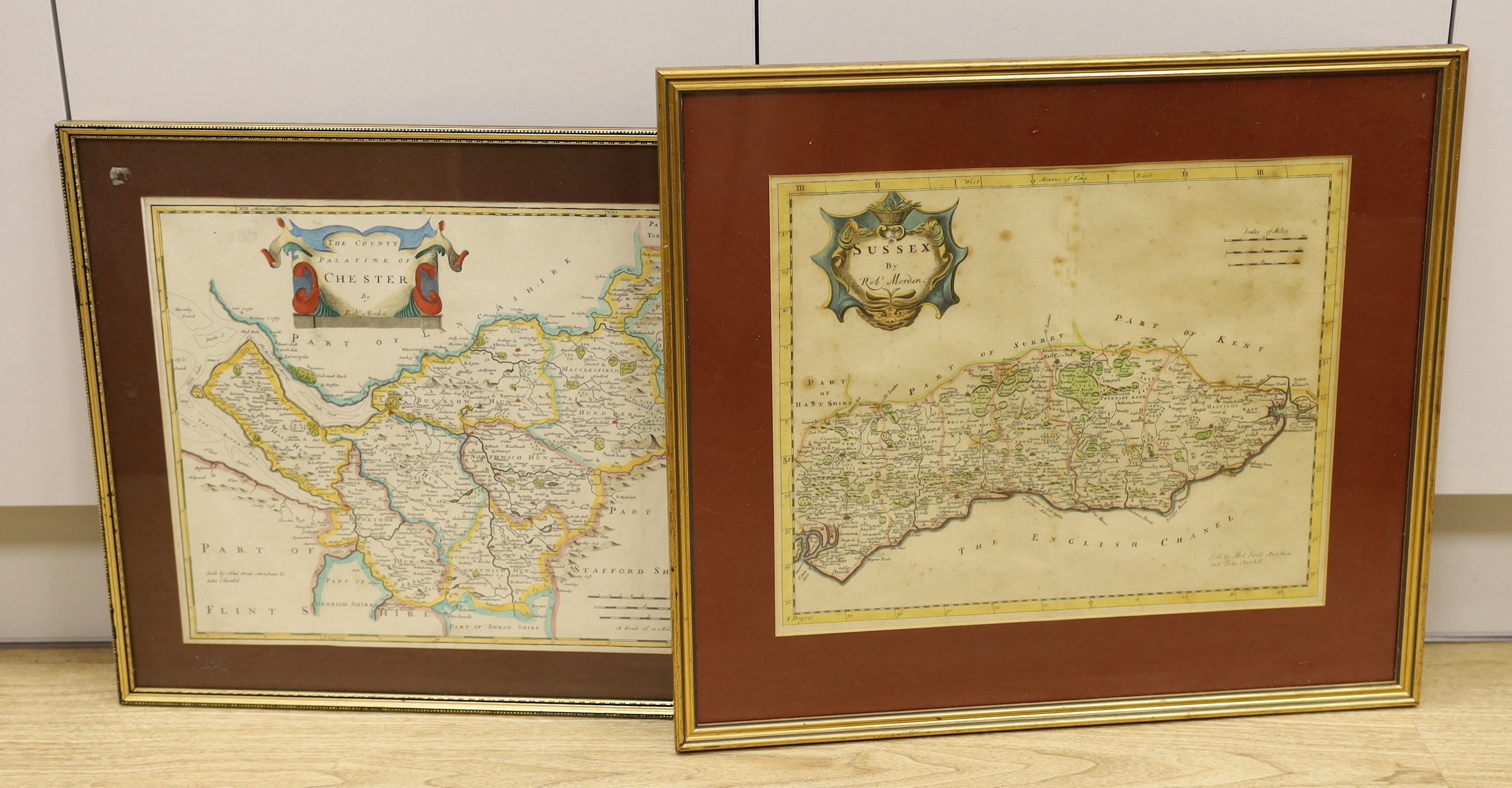 Robert Morden, two coloured engravings, Maps of Sussex and Chester, 35 x 42cm